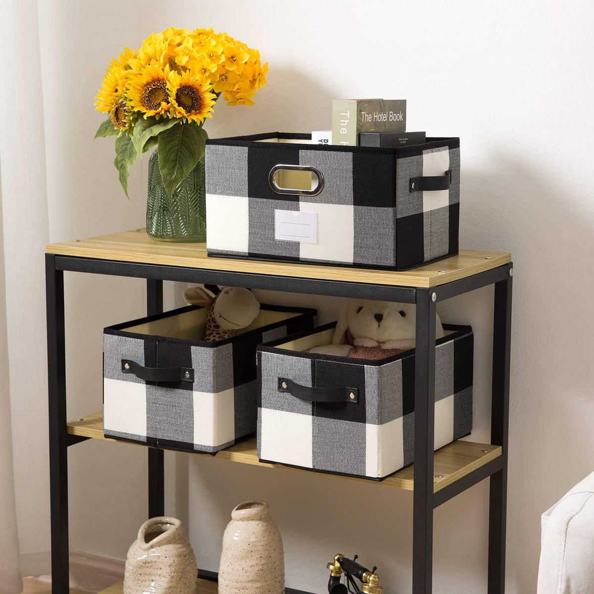 PRANDOM Large Collapsible Storage Baskets for Closet [3-Pack] Decorative Fabric Storage Bins Cubes with Leather/Metal Handles for Shelves Bedroom Living Room Black and White Grid (14.9x9.8x8.3 Inch)