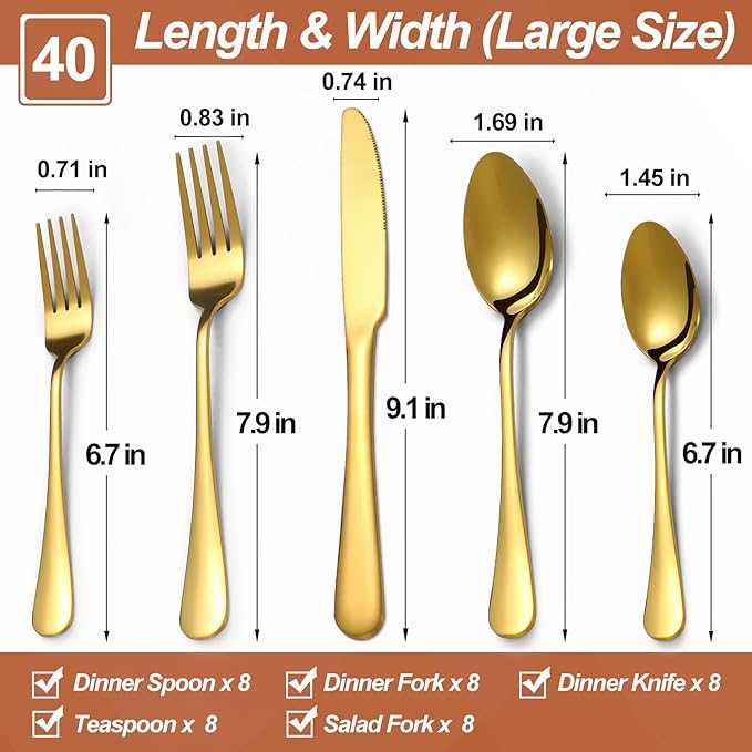 Lazycorner 40 Pcs Gold Silverware Set for 8, Food Grade Stainless Steel Flatware Set Include Fork/Knife/Spoon, Mirror Polished Eating Utensils Sets, Reusable Silverwear Cutlery Set, Dishwasher Safe