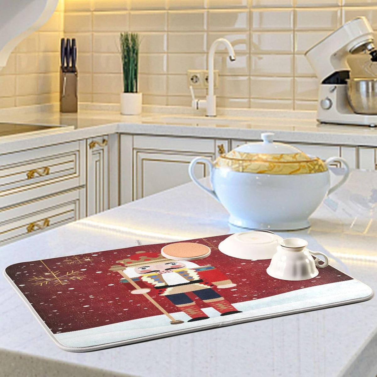 Nutcracker Christmas Dish Drying Mat for Kitchen Counter Absorbent Microfiber Drying Pad, Large 18x24 in, Reversible Drainer Mats