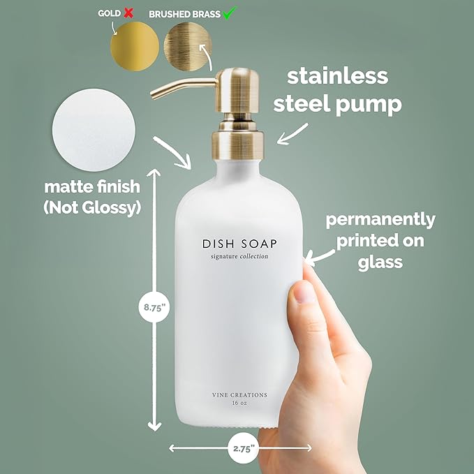 Vine Creations White Glass Soap Dispenser Set, Dish Soap and Hand Soap Dispenser Set with Stainless Steel Pump, 16 oz Glass Dispensers for Kitchen or Bathroom Decor (Matte White Bottle/Brushed Brass)