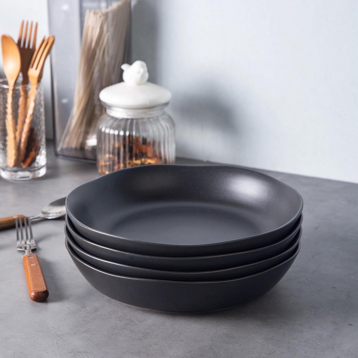 AmorArc 9.75'' Large Ceramic Pasta Bowls, 38oz Stoneware Wide Serving Bowls Set of 6 for Kitchen, Oven, Microwave&Dishwasher Safe Bowls with Wavy Rim for Fruit Pasta Salad Meal, Matte Black