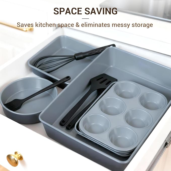 Ammeloo 22-Piece Baking Pans Set Stackable Bakeware Non Stick Baking Set Non Toxic Oven Pans, Including Roasting Pan, Cookie Sheets, Muffin Pans, Cake Pans, Oven Mitts and Utensils(Gray & Stone Black)