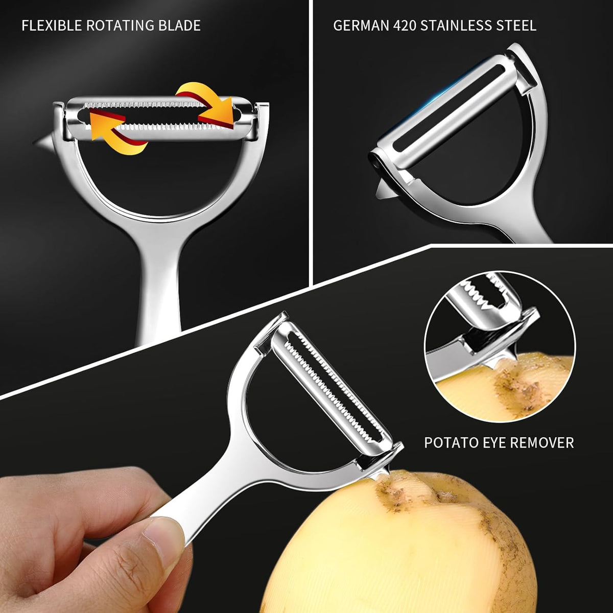 MAD SHARK Ultra Sharp Vegetable Peelers for Kitchen Fruit Apple Potato Peelers,Design with Ergonomic Non-Slip Handle, Y-Shaped Stainless Steel Serrated（Flat&Serrated Blade 2pc）