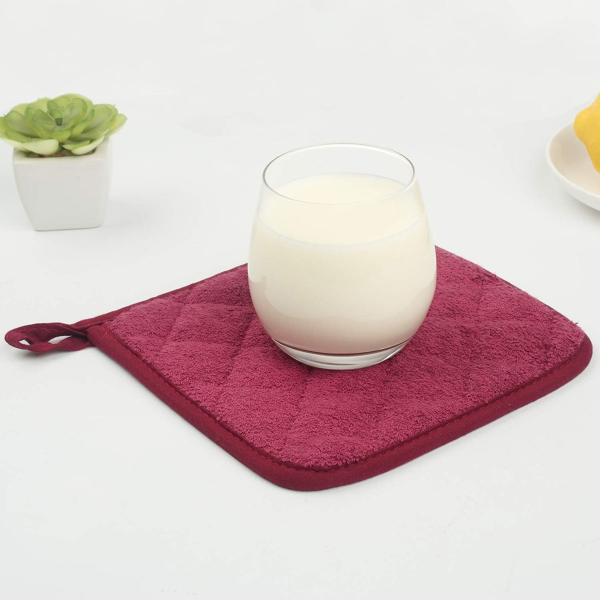 100% Cotton Kitchen Everyday Basic Terry Pot Holder Heat Resistant Coaster Potholder for Cooking and Baking Set of 5 Wine