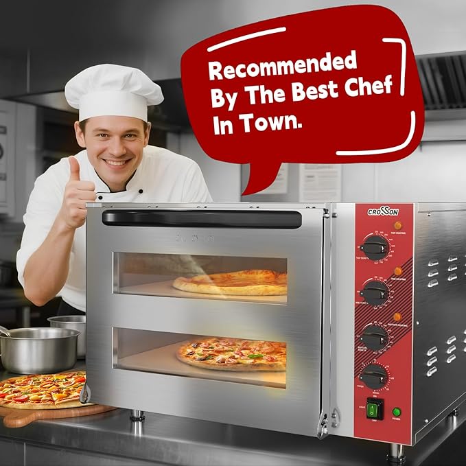 CROSSON Commercial Double Deck 18 Inch Countertop Electric Pizza Oven with 15mm Thick Pizza Stone, Indoor Pizza Bakery Oven for Commercial Use Only,240V/4500W