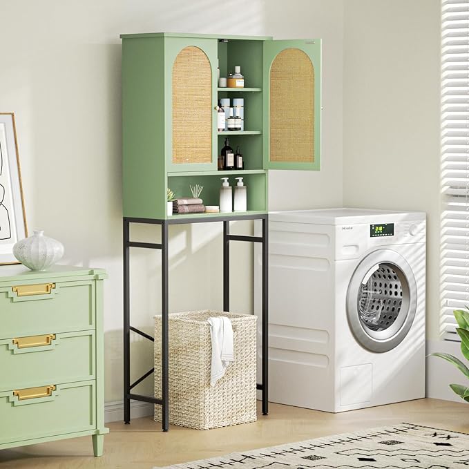 Rattan Toilet Storage Cabinet, Over The Rack Wood Cabinet with Metal Stand, Bathroom Organizer with Adjustable Shelf, Space Saving Cupboard for Small Bathrooms, Washer Shelf, Green