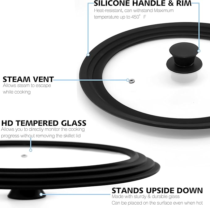 Anaeat Silicone Universal Lid for Pots, Pans and Skillets - Tempered Glass Covered with Heat Resistant Silicone Rim Fits 10", 11" and 12" Diameter Cookware -Easy to Use Replacement Frying Pan Cover