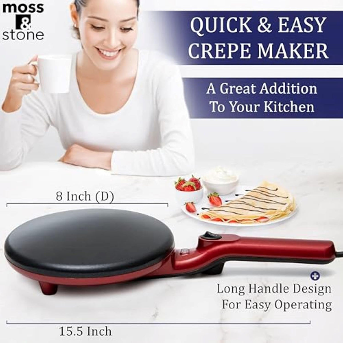 Moss & Stone Electric Crepe Maker 8 Inch, Portable Crepe Maker & Hot Plate Cooktop On/Off Switch, Nonstick Coating, Dual Temperature Setting, Easy To Use For Pancakes, Blintz, Chapati