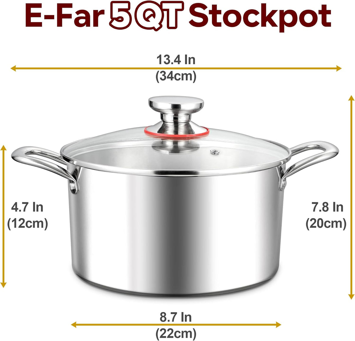 E-far 5 Quart Stock Pot with Lid, 18/10 Tri-ply Stainless Steel Stockpot for Induction Ceramic Gas Stoves, Heavy Duty Cooking Pot for Pasta Soup Stewing Simmering, Oven and Dishwasher Safe