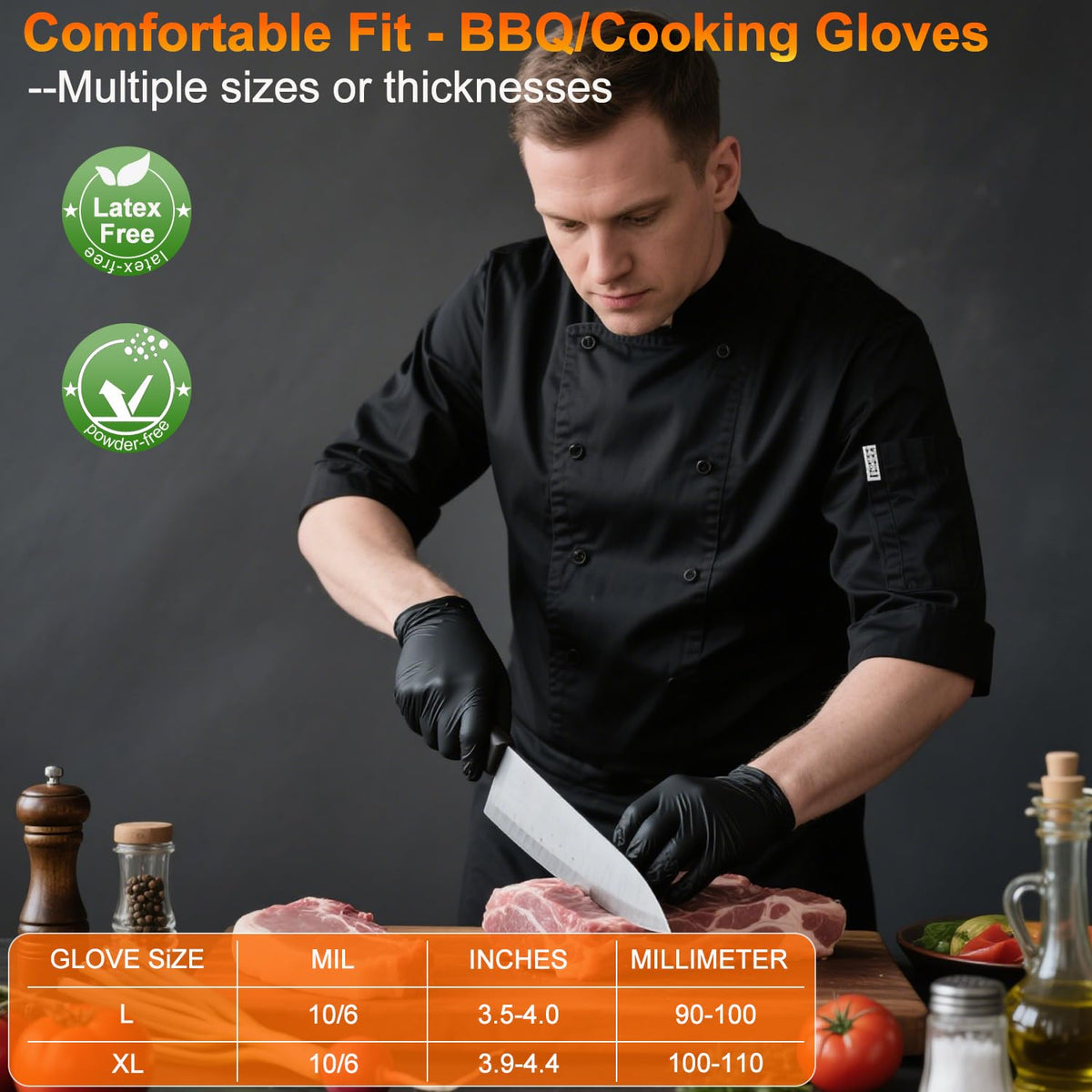 BBQ Gloves for Cooking Baking Grilling, 100 Count Disposable Nitrile Gloves and 4 Count Cotton Glove Liners Washable (6mil Nitrile, X-Large)