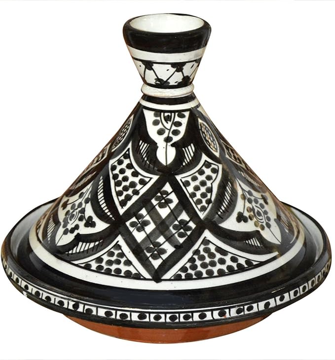 Moroccan Handmade Serving Tagine Ceramic With Vivid colors Original 10 Inches in Diameter Black & White
