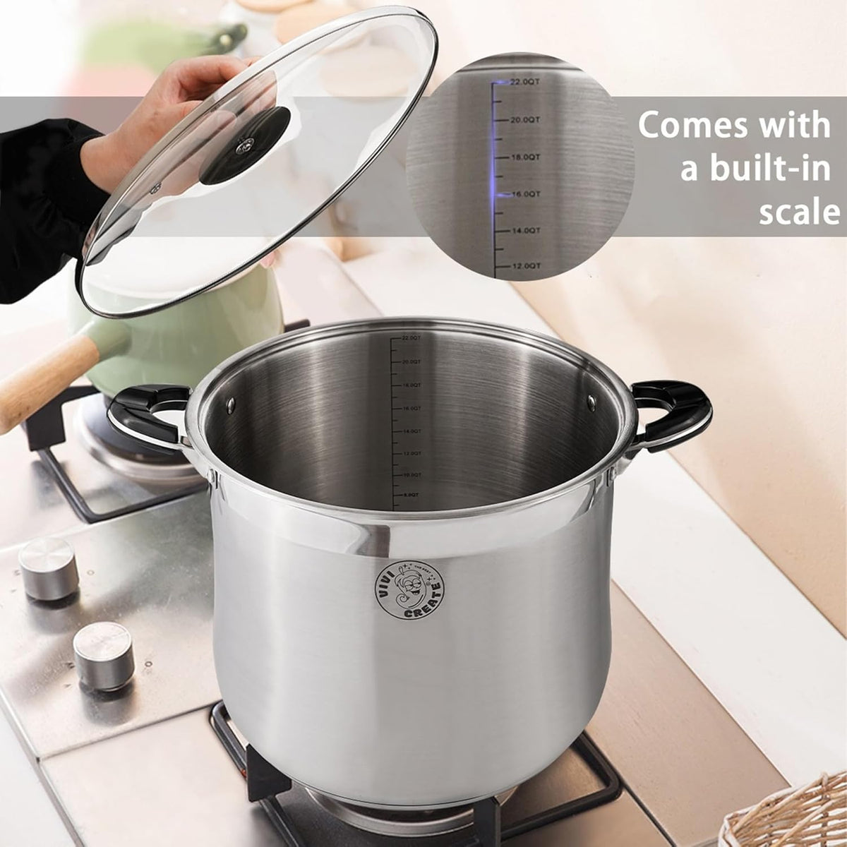 Vivicreate Stainless Steel Stock Pot with Lid for Induction Cooking Boiling Pasta Stew Soup Large Capacity Cookware with Handles for Kitchen Spaghetti Olla Olla de Acero Inoxidable (14.5 QT)