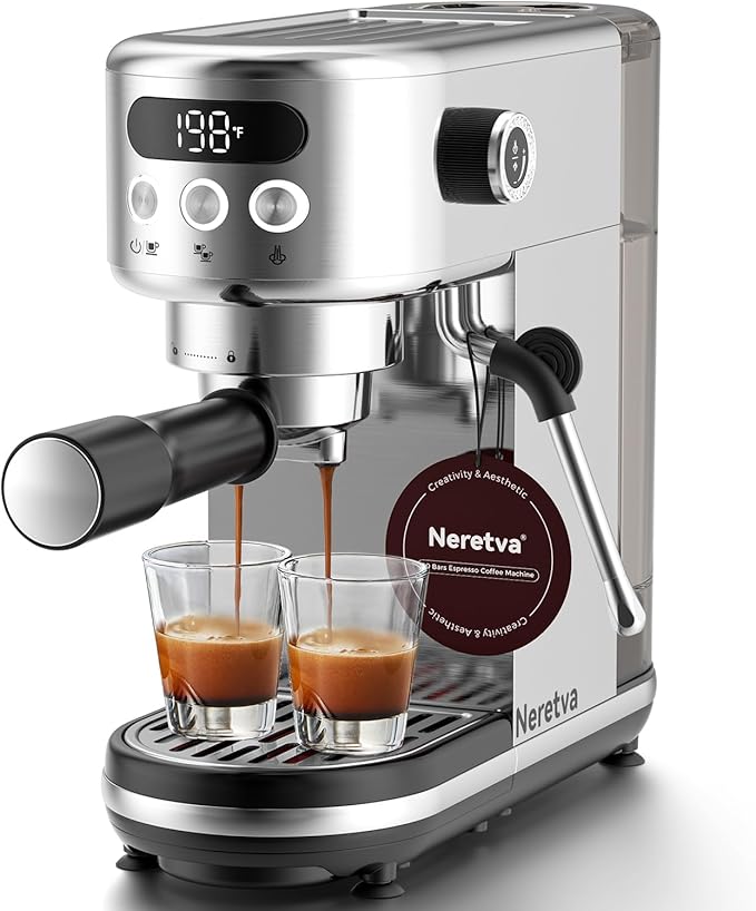 Neretva Espresso Machine 20 Bar, Super Compact Espresso Maker Stainless Steel Professional Coffee Machine Espresso with Power Steam & LED Display for Home Barista Latte and Cappuccino Maker-Silver