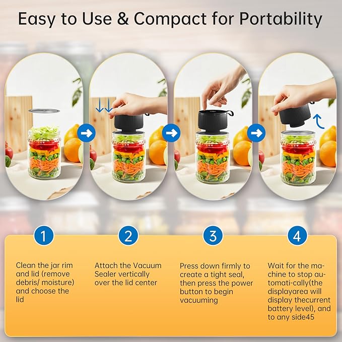 Electric Mason Jar Vacuum Sealer Kit, 3-in-1 Handheld Automatic Vacuum Sealer for Mason Jars, Canning Sealer Machine for Jars, Containers, Vacuum Bags | Present for Mom, Black