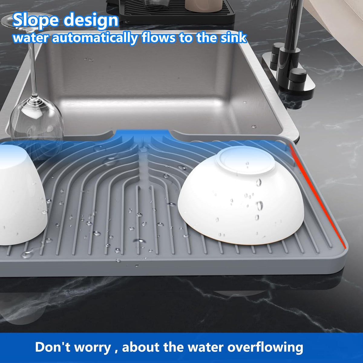 Kitchen Drying Mat for sink with a bulged edge,18"×12"Silicone Dish Drying Mat with built-in Drain Spout, Rubber Dish Mat for Kitchen (18"×12"gray)