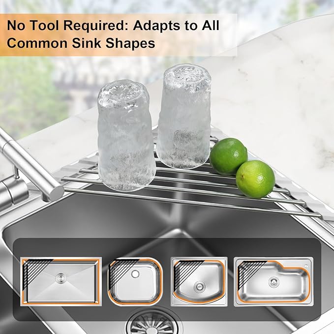 Corner Sink Caddy Triangle Dish Drying Rack for Sink Corner, Sponge Holder Roll Up Dish Drying Rack Over The Sink, Stainless Steel Kitchen Sink Organizer Drainer Mat Sponge Caddy for Counter Storage