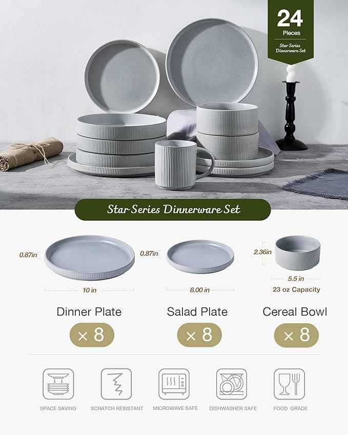 Famiware Star Dinnerware Set, Plates and Bowls Sets for 8 (24pcs), Ribbed Stoneware Dishes - Chip & Scratch Resistant, Microwave & Dishwasher Safe, Matte Gray