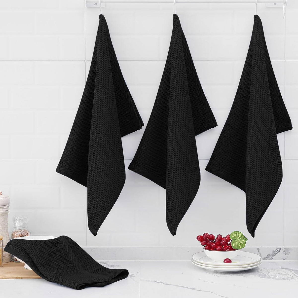 Homaxy 100% Cotton Oversized Waffle Weave Kitchen Dish Towels, Ultra Soft Absorbent Quick Drying Cleaning Towel, 20 x 28 Inches, 8-Pack, Black
