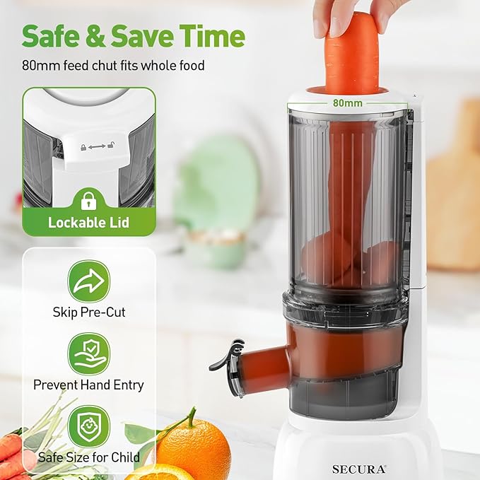 Secura Mesh Free Slow Juicer with Stainless Steel Prong Spiral Auger, Cold Press Juicer, Masticating Juicer Machines with Quiet Motor & Reverse Function for Vegetables and Fruits, White