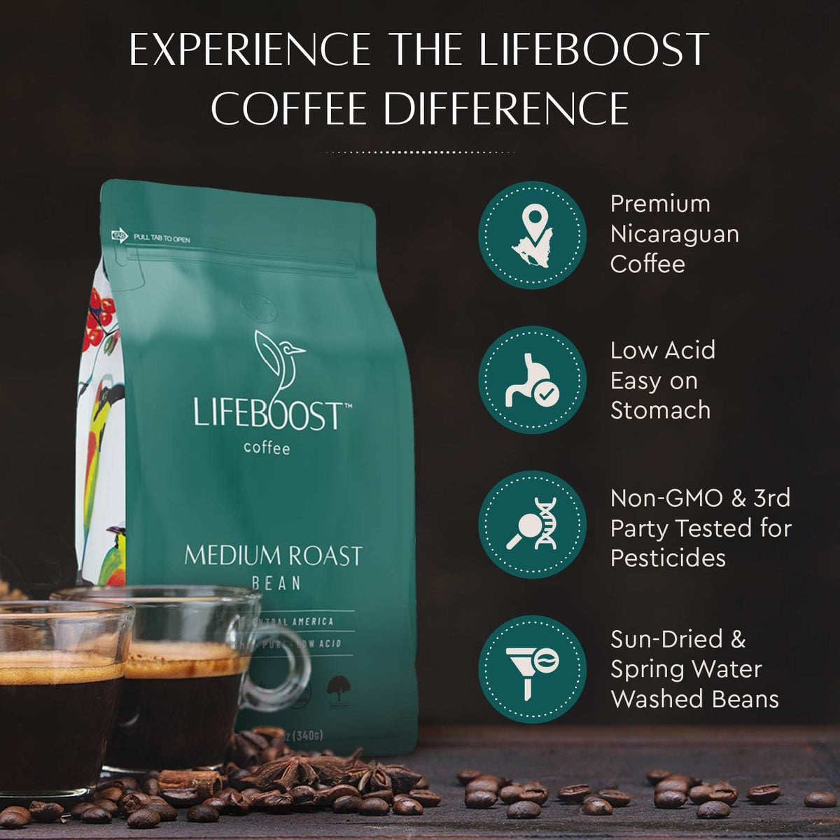 Lifeboost Organic Coffee Beans Medium Roast - Low Acid Single Origin Non-GMO Organic Whole Bean Coffee - Third Party Tested For Mycotoxins & Pesticides - 12 Ounces
