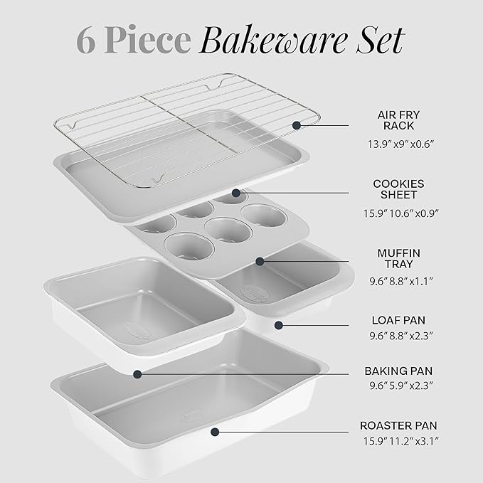 Gotham Steel 6 Pc Stackable Baking Pans Set, 70% Space Saving Design, Ceramic Bakeware Sets Non Toxic Made Without PFOA PFOS, with Baking Sheet Tray, Cake & Muffin Pans, Oven & Dishwasher Safe