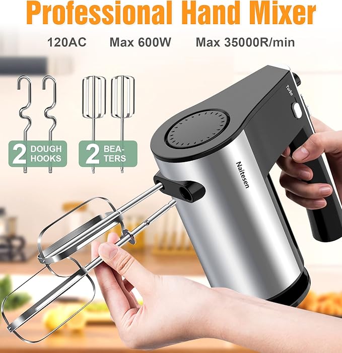 600W Electric Hand Mixer with 6 Piece Mixing Bowls with Airtight Lids Set, Mixer Electric Handheld Stainless Steel Metal Nesting Bowls Set for Kitchen Cooking Baking