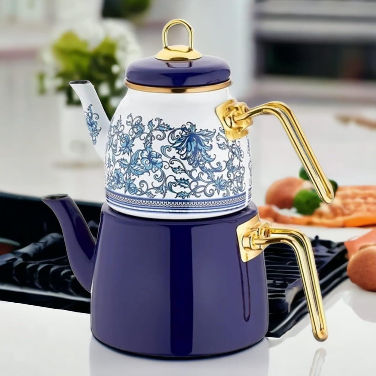 Vintage Turkish Teapot Tea Pots Kettle Set for Stovetop Stove Top Decorative Infuser Party Cups Glasses Floral Unique Boiler Samovar Strainer Loose Leaf Kitchen Style Enamel Decor (White-Blue)