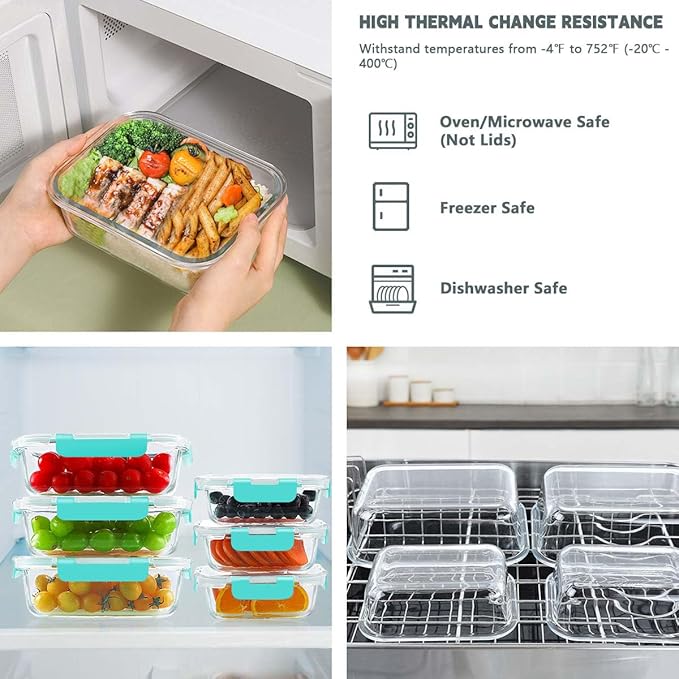 KAMOTA Glass Food Storage Containers, 10 Pack Glass Meal Prep Containers, Airtight Containers with Snap-Lock Lids, 34 oz and 13 oz green Container Set with Lids, for Microwave/Oven/Freezer