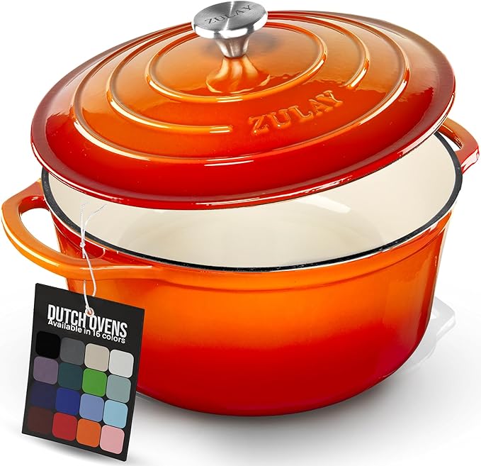 Zulay Kitchen 5 Quart Enameled Cast Iron Dutch Oven Pot with Lid – Premium Durability & Oven Safe up to 500°F – Heavy Duty Cookware Perfect for Bread Baking, Stews, Braising & Roasting – Orange