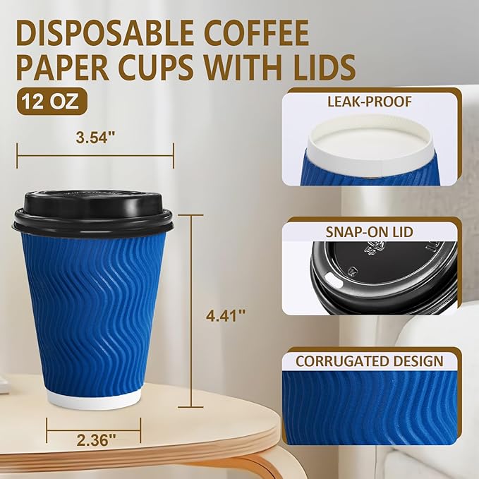 500 Pack Coffee Cups with Lids 12oz, Disposable Insulated Ripple Wall To Go Paper Coffee Cups for Hot/Cold Drinks Office Home Shop Event (Navy)