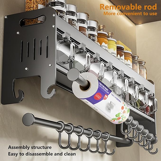 Hanging Wall Mount knife Wall Mount,Condiment Cup, Space-Saving Knife Rack with Hooks, Kitchen Organizer Storage Shelf for Utensils Spatula Spoon, Kitchen Utensil Hanger (Grey, 48cm+6Cups+10Hooks)