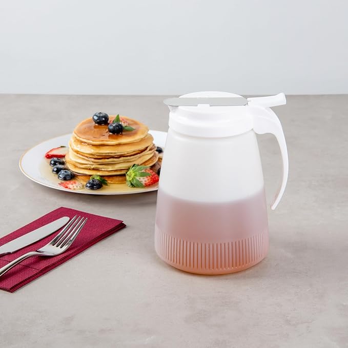 Restaurantware-Chef 101 48 Ounce All Purpose Syrup Dispenser, 1 Honey Dispenser - White Top, Stainless Steel Slide Cover, Plastic Pancake Syrup Bottle, Perfect For Diners, Restaurants, Home