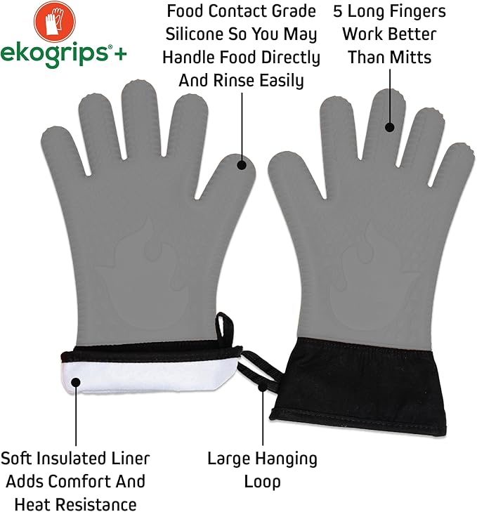 Ekogrips+ Premium Silicone Oven Mitts - Comfy, Waterproof, Heat Resistant BBQ Gloves for Grilling, Long Cuff for Added Protection, 5 Finger Dexterity, 3 Sizes, 4 Colors, L/XL, Grey