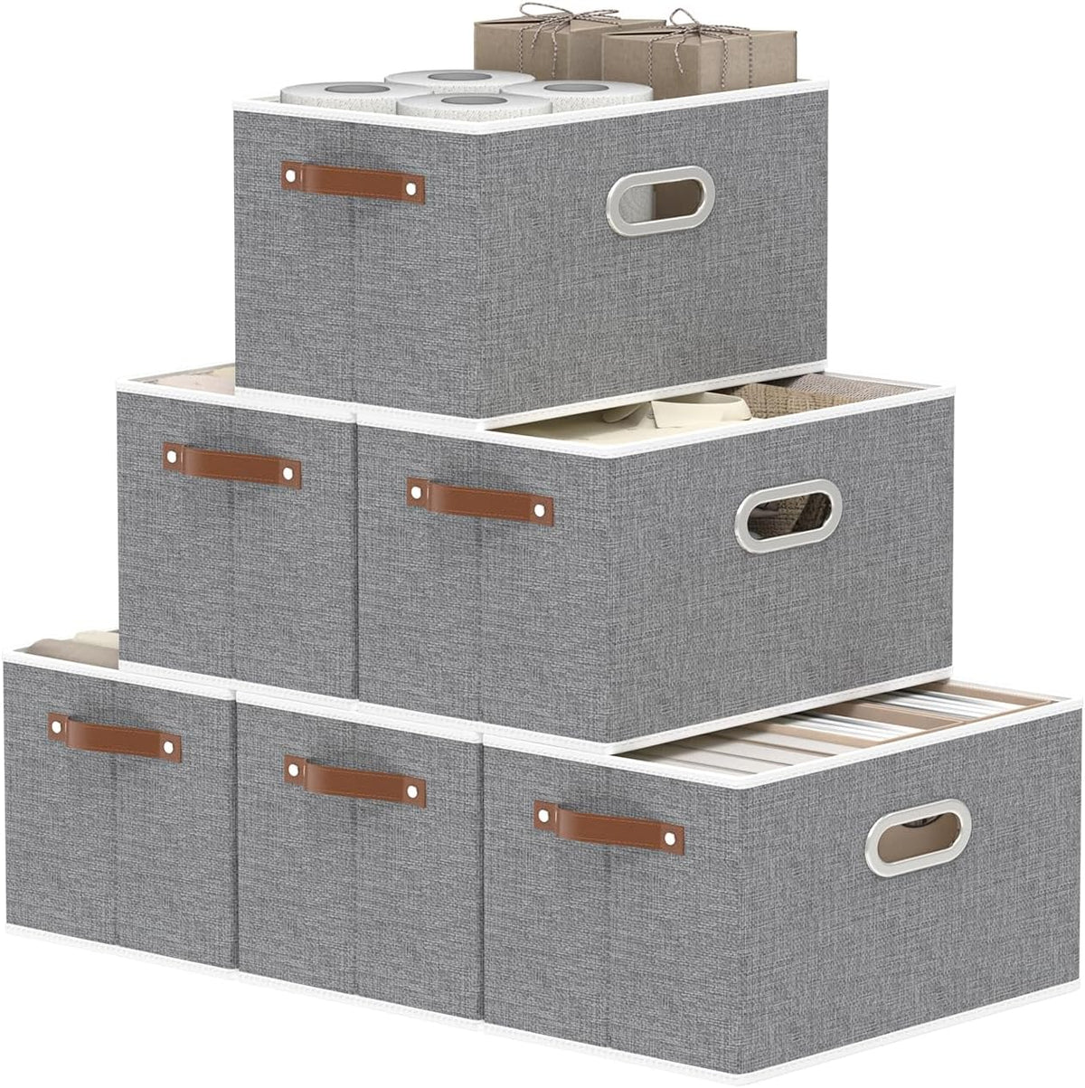 Yawinhe Fabric Storage Baskets, Foldable Closet Organizer for Shelves, Large Boxes with 3 Handles, Canvas Bins for Clothes, Grey, 12.99''Lx9.05''Wx7.87''H, 6-Pack