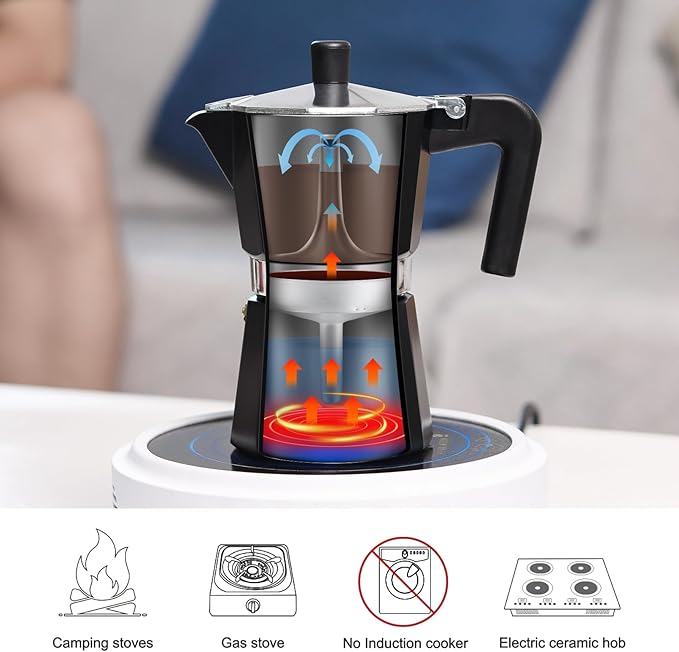 Sivaphe Aluminum Moka Pot 9 Espresso Cups, Percolator Espresso and Coffee Maker, Portable Stovetop Italian and Cuban Café Brewer for Home and Camping Black