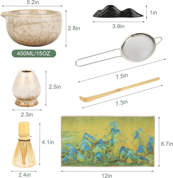 Matcha Whisk Set, 7Pcs Matcha Set Kit include Matcha Bowl, Matcha Whisk and Holder, Bamboo Scoop, Scoop Rest, Sifter and Tea Towel, Matcha Whisk and Bowl Set for Matcha Lovers and Beginers