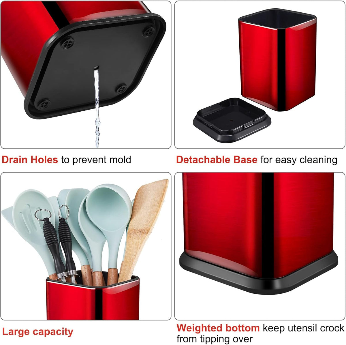 RedCall Stainless Steel Kitchen Utensil Holder for Countertop, Spoon Spatula Organizer,Modern Rectangular Large Cooking Utensil Caddy Counter,Utensil Crock (Stainless Steel Red)
