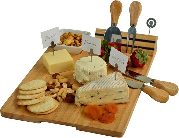 Picnic at Ascot Personalized Monogrammed Laser Engraved Hardwood Board for Cheese & Appetizers - Includes 4 Cheese Knives, Cheese Markers & Ceramic Dish - Designed in California