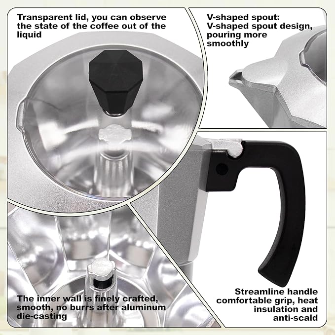Electric Aluminum Moka Pot 5-6 Cup 270ml Espresso Maker with Detachable Base Ideal Coffee Makers for Home MochaPot Italian and Cuban Café Coffeemaker Espressomaker CoffeePot Silver