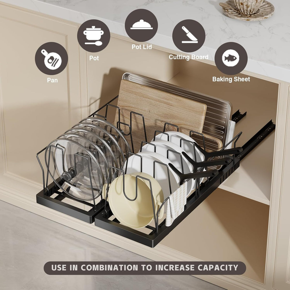 Pots and Pans Organizer Under Cabinet, 22" Deep Expandable Pull Out Pot Lid Organizer and Storage with 10 Adjustable Dividers No Drill Pot and Pan Holder Rack with Handle Bracket(1 Pack,Black)