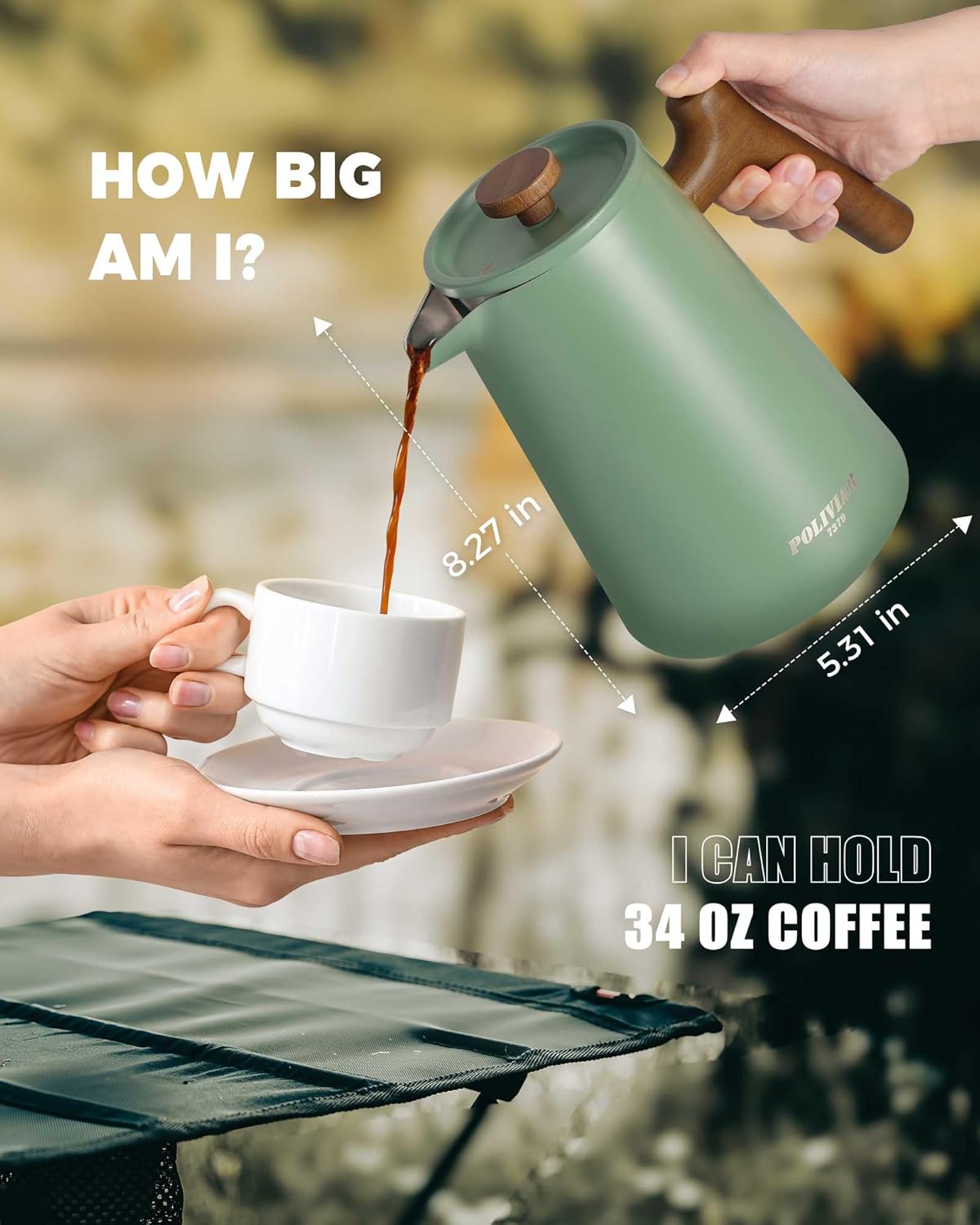POLIVIAR French Press Coffee Maker, 34 oz Coffee Press with Real Wood Handle, Double Wall Insulation & Dual-Filter Screen, Food Grade Stainless Steel for Good Coffe and Tea, JX2025-XFPN