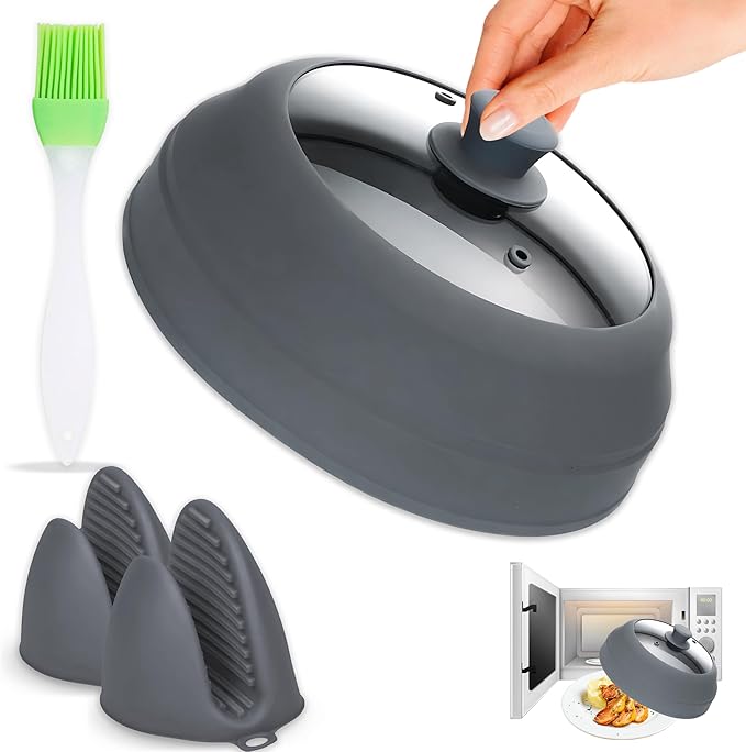 Javson Microwave Splatter Cover Glass for Food - Large 10.8" Tempered Glass & Silicone Lid, Heat Resistant, Splatter Guard with Easy-Grip Handle