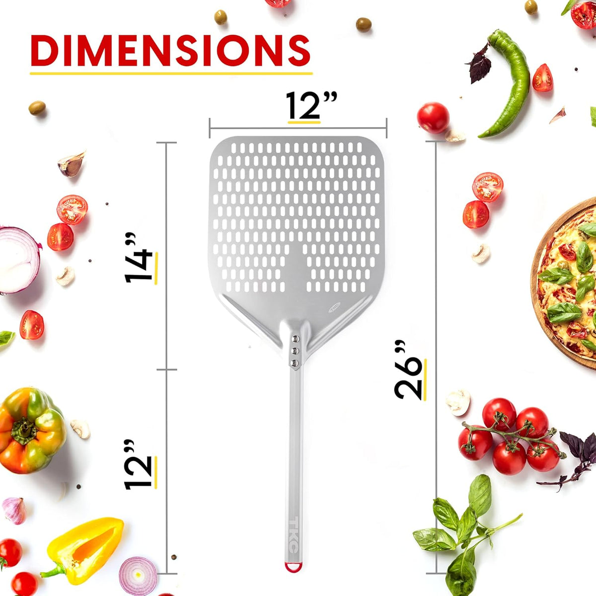 TKC Perforated Pizza Peel 12 Inch - Long Handle Perforated Aluminum Pizza Paddle - Lightweight Pizza Turning Peel Spatula - Compatible with all Ooni Pizza Ovens - 26 Inch Overall Length (Silver/Gray)