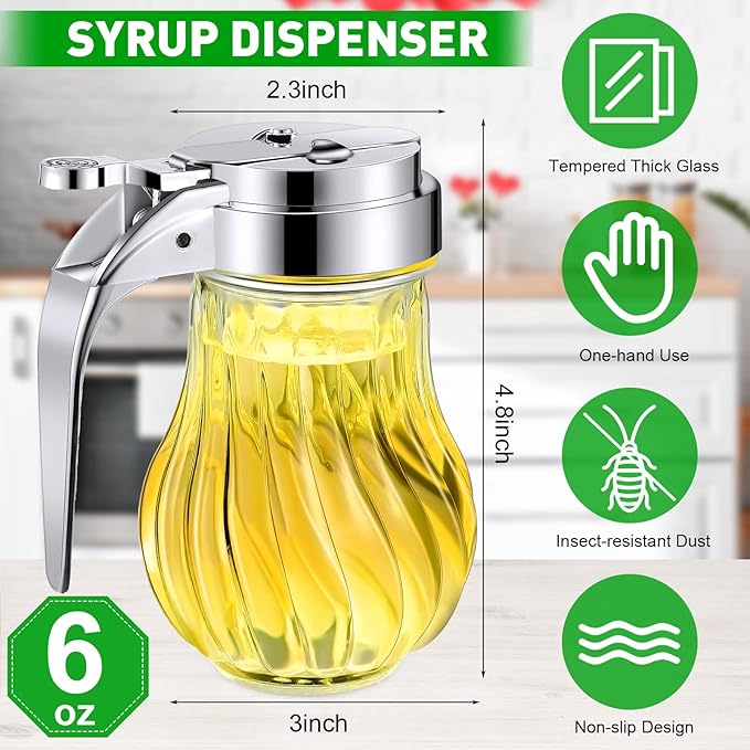 4 Pack Syrup Dispensers Glass Honey Jar Bottle Maple Sugar Dispenser 6 oz Retracting Spout Syrup Containers Pitcher For Milk Coffee Home Restaurant Kitchen Bar Oil Condiment (Delicate Style)