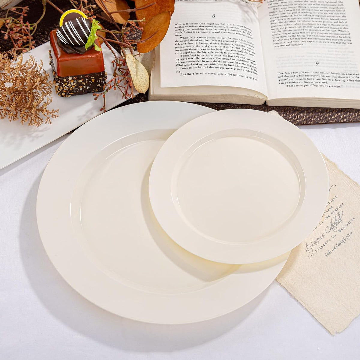 I00000 102 Pcs Ivory Plastic Plates, Disposable Party Plates Include 51 Ivory Dinner Plate 10’’ and 51 Plastic Dessert Plate 7’’ Perfect for Birthday, Party & Wedding