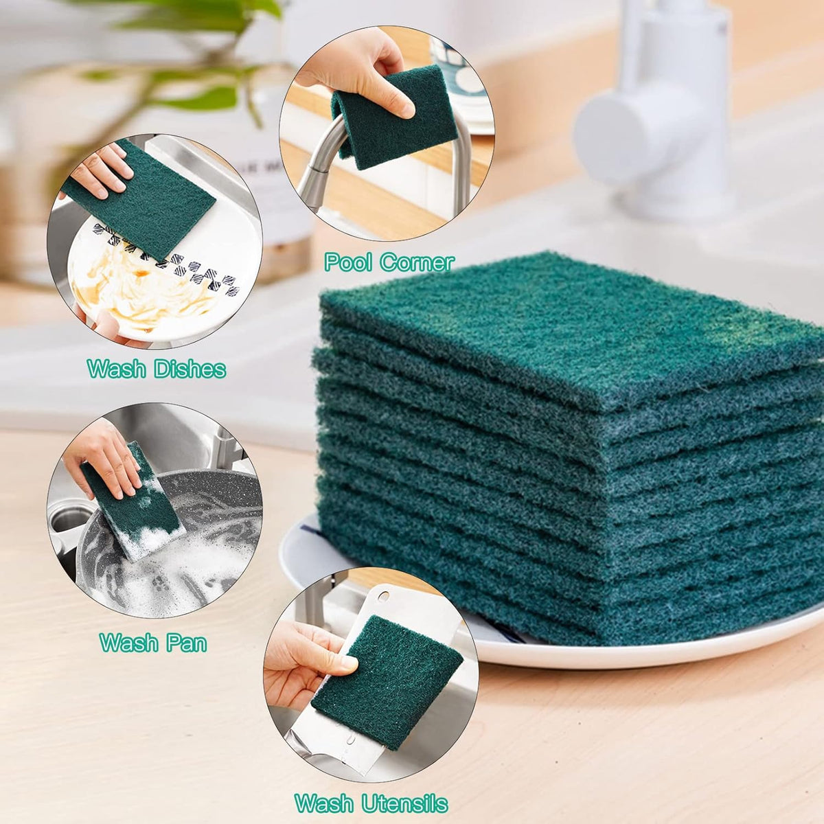 Heavy Duty Scour Pads Sponge Dish Scrubber Non-Scratch Green Reusable Household Scrub Pads for Kitchen and Dish Cleaning Tool (24Pcs)
