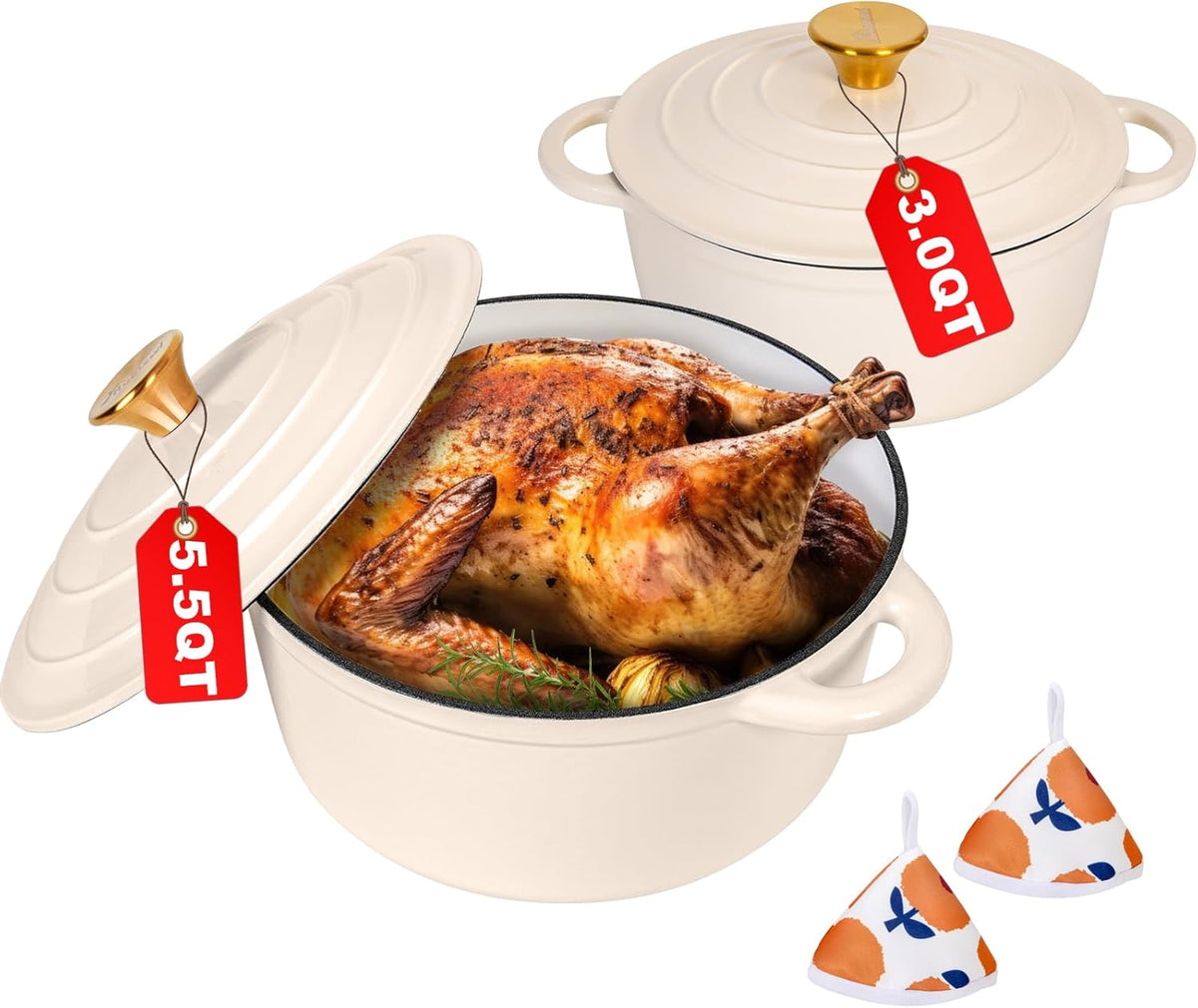 Romswi Enameled Cast Iron Dutch Oven Set - 3qt & 5.5qt Dual Combo - 7-Layer Professional Grade Dutch oven pot with lid - Oven Safe for Braising, Stews, Roasting, Bread Baking - White Bread Dutch Oven