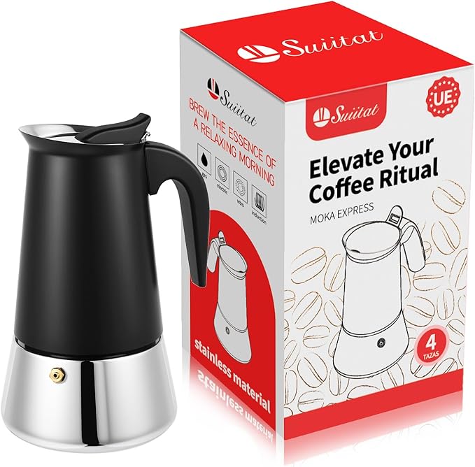 Moka Pot, 4 Cups (7.1 oz) Stovetop Espresso Maker, 304 Stainless Steel Moka Pot, Induction Compatible, Black