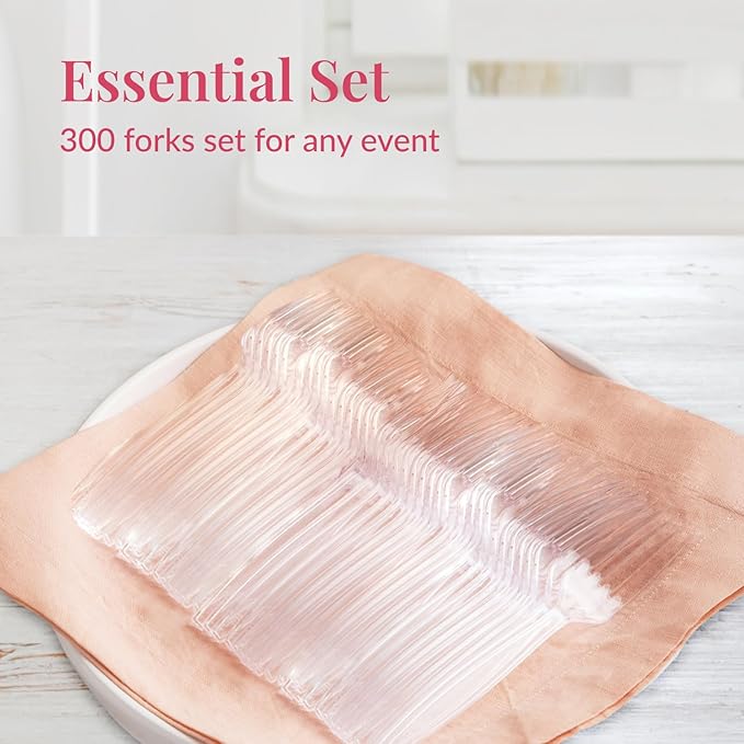 Prestee 300 Count Disposable Plastic Forks - Plastic Silverware Bulk Set - Heavy Duty Plasticware Forks - Clear Utensils for Catering Weddings Parties BBQ - Elegant and Sturdy Tableware