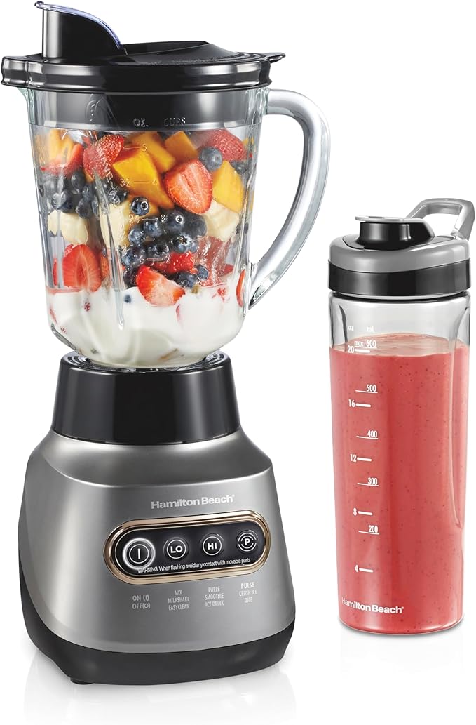Hamilton Beach Wave Action Blender for Smoothies, Stainless Steel Ice Sabre Blades, 40oz Glass Jar, 20oz Blend-In Portable Travel Jar, 800 Watts, Quiet Design, Gray (58181)